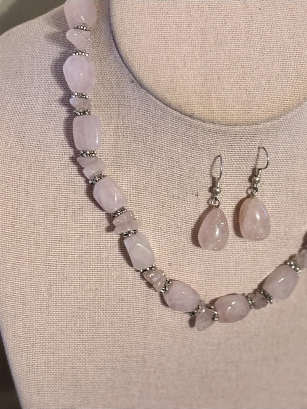 Vintage Pink Rose Quartz Beaded Necklace and Matching Drop Earrings